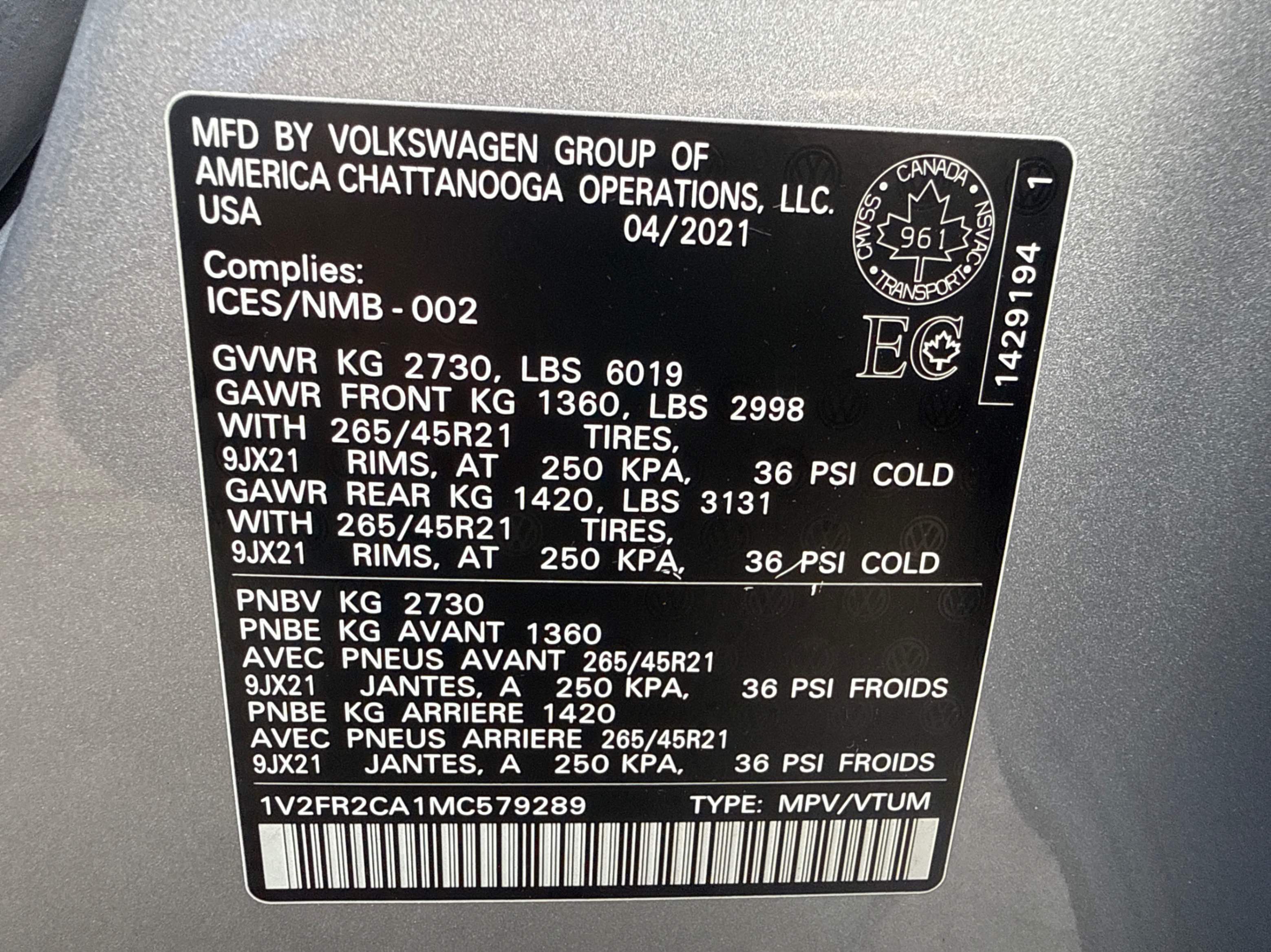 Снимка 11 от търг – 2021 VOLKSWAGEN ATLAS EXECLINE с VIN 1V2FR2CA1MC579289