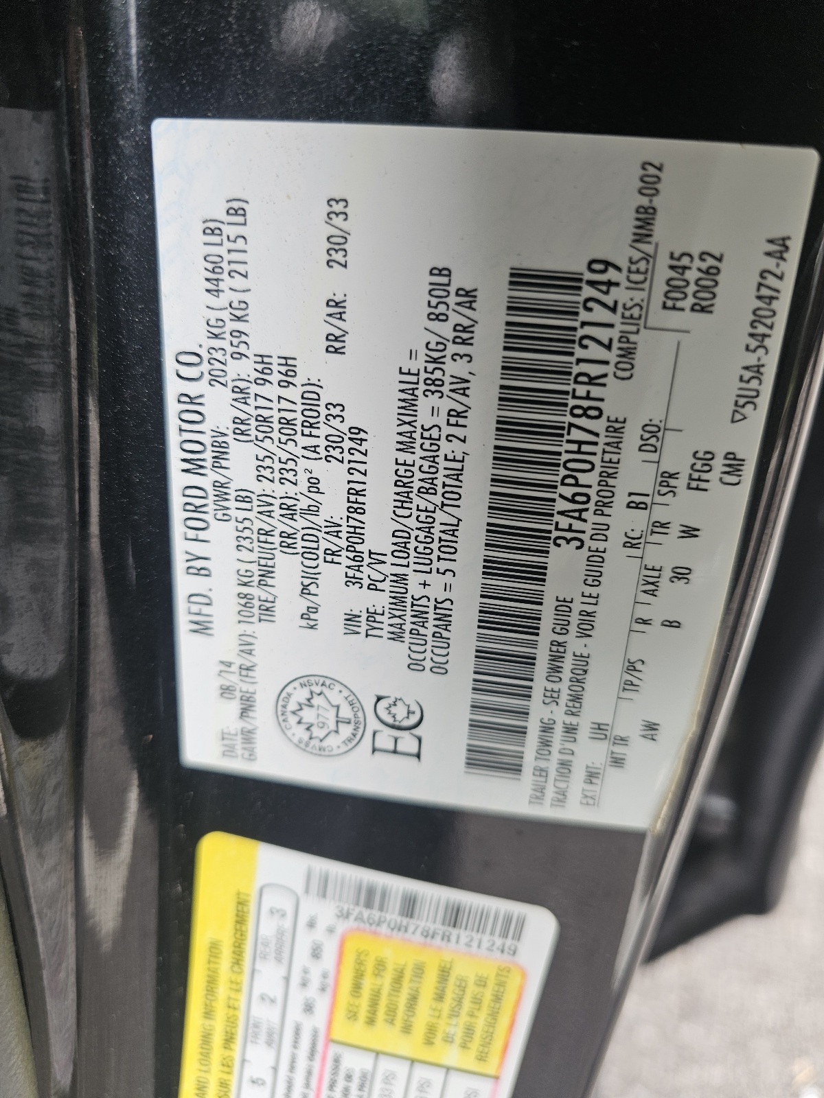 Photo 11 from auction – 2015 FORD FUSION SE with VIN 3FA6P0H78FR121249