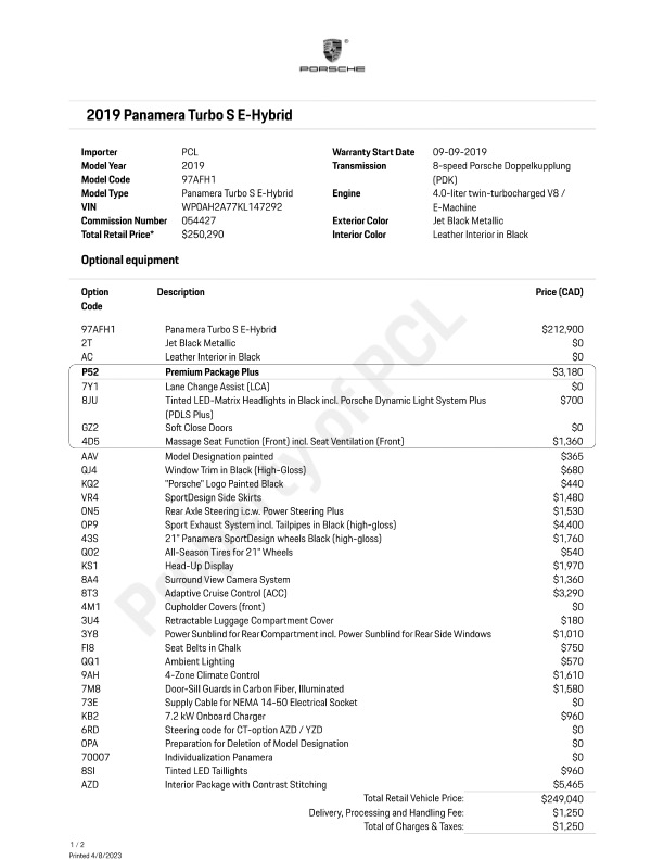 Снимка 14 от търг – 2019 PORSCHE PANAMERA TURBO S E-HYBRID AWD с VIN WP0AH2A77KL147292